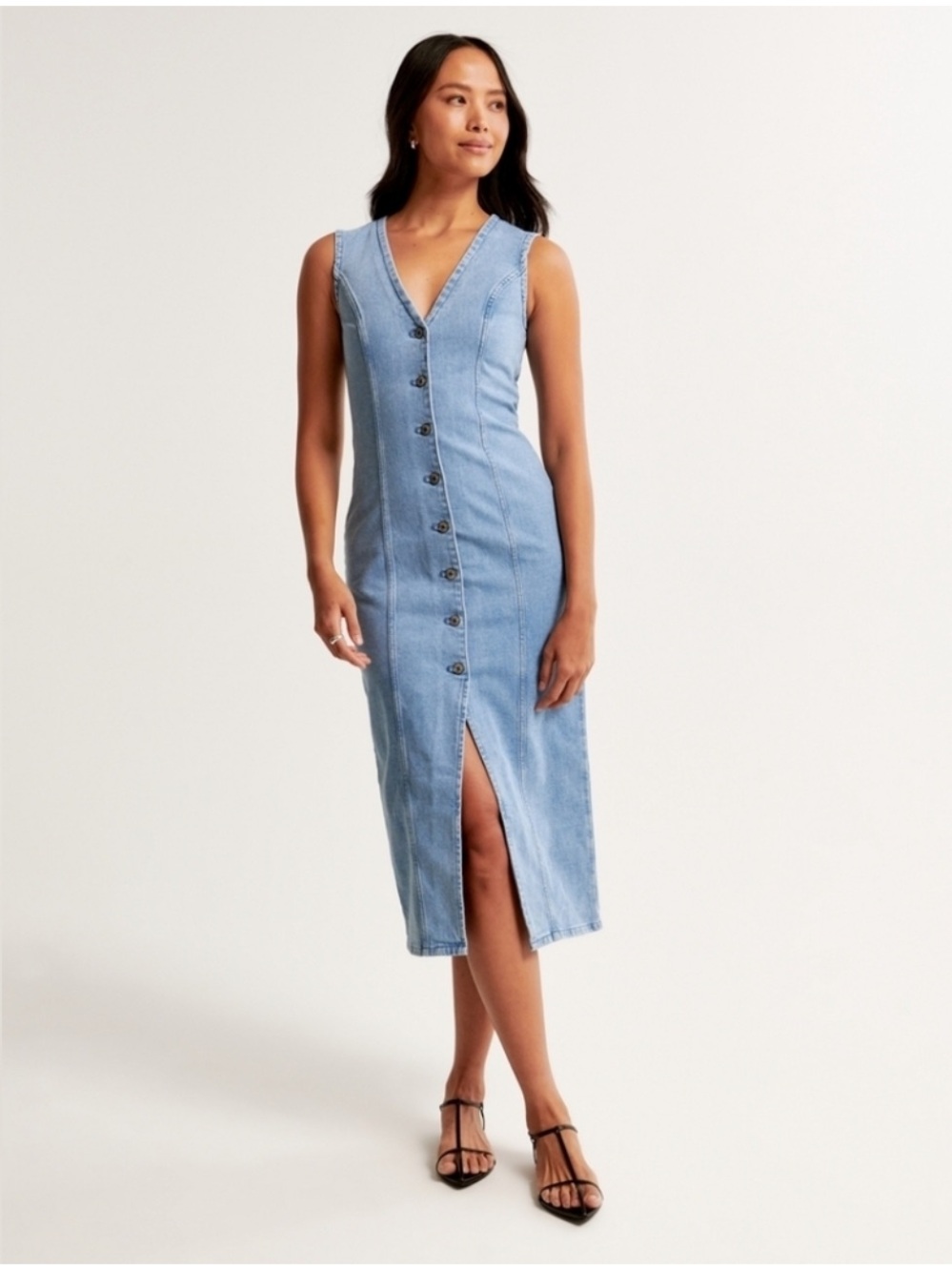 Abercrombie & Fitch Light Blue Button-Front Denim Midi Dress - Picture 2 of 3